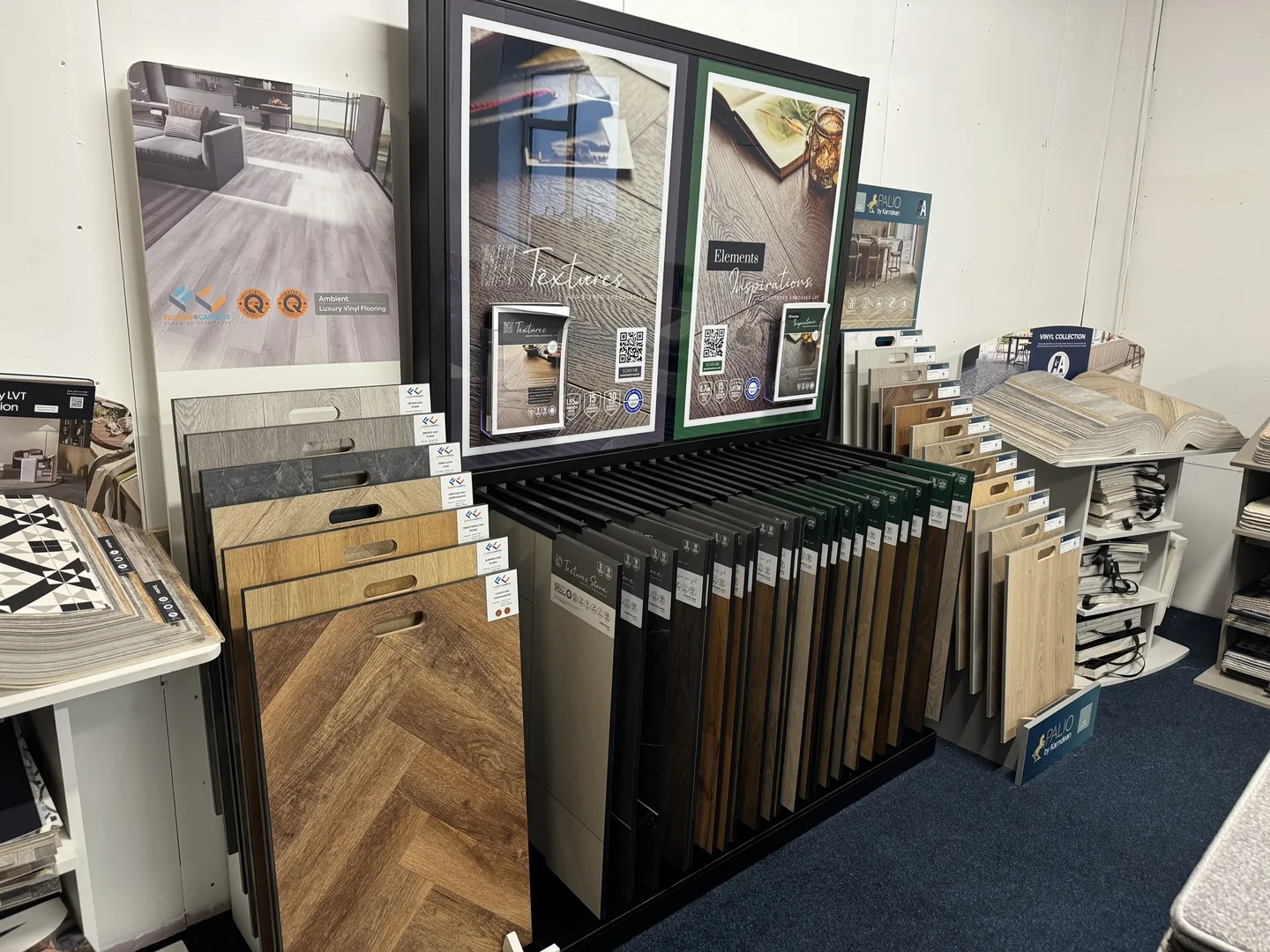 Flooring sample displays inside the Hamil Road showroom